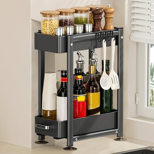 Herfair Gewürzregal Stehend, Gewürz Organizer, 2/3-Stufig Arbeitsplatte Gewürzregal mit 4 Haken, Ausziehbarer Spice Rack, Multifunktional Aufbewahrung Küche (2-Stufig-30 cm) von Herfair