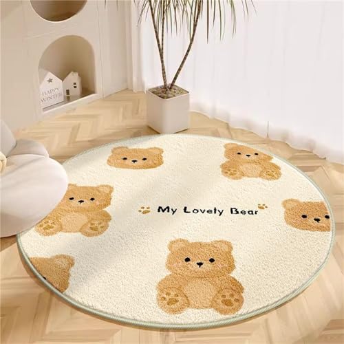 Herfair Kinderteppich Mädchen Rund Kinder Teppich, Beige Teppich Mädchen Katze Cartoon Tier rutschfest Kinderzimmerteppich Kurzflor Babymatte für Babyzimmer Deko (Stil D,100cm) von Herfair