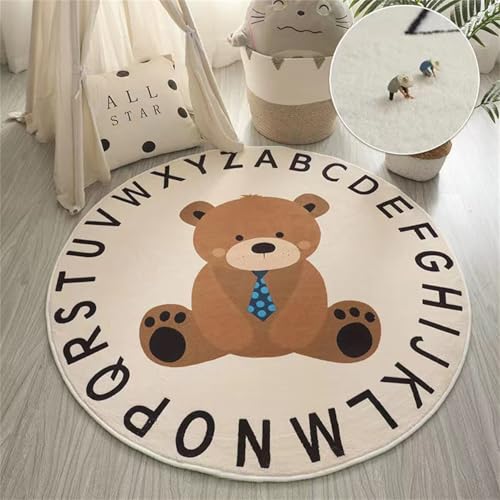 Herfair Kinderteppich Teppich Rund, Cartoon Tier Kinderteppich Kurzflor rutschfest Weiche Waschbare Teppich Kinderzimmerteppich Babymatte für Schlafzimmer Kinderzimmer Deko (Bär,120cm) von Herfair