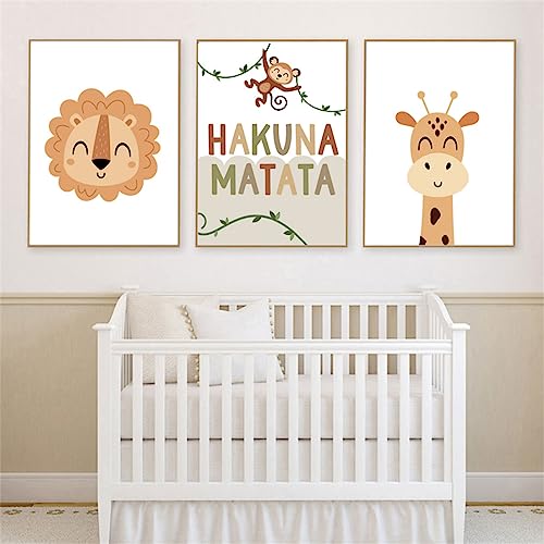 Herfair Kinderzimmer Bilder,3er Set Tiere Poster Set,Lion Giraffe Affen Bilder Wandbilder Ungerahmter Druck, Cartoon Regenbogen Wandposter Für Babyzimmer Mädchen Junge Deko (A,40X50CM) von Herfair