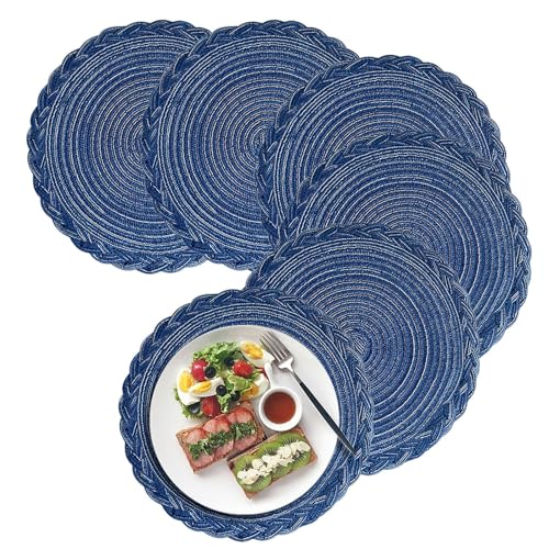 Herfair Platzsets Rund, 6er Set Tischsets Untersetzer Teller, Tischset Baumwolle Gewebte Platzdeckchen Stoff Tischuntersetzer für Küche Weihnachten Decor (Blau,38cm) von Herfair