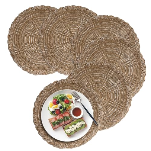 Herfair Platzsets Rund, 6er Set Tischsets Untersetzer Teller, Tischset Baumwolle Gewebte Platzdeckchen Stoff Tischuntersetzer für Küche Weihnachten Decor (Hellbraun,30cm) von Herfair