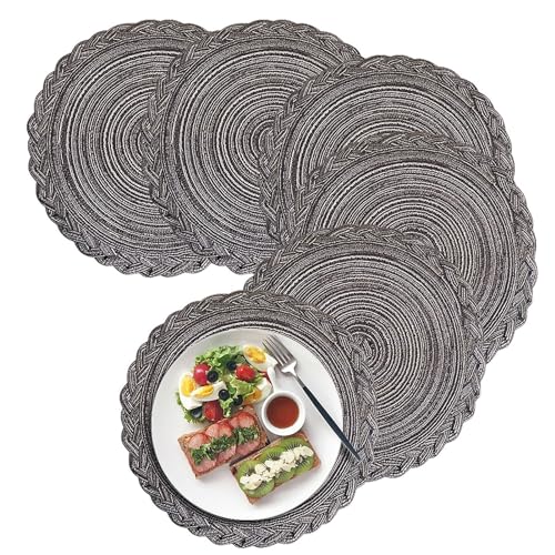 Herfair Platzsets Rund, 6er Set Tischsets Untersetzer Teller, Tischset Baumwolle Gewebte Platzdeckchen Stoff Tischuntersetzer für Küche Weihnachten Decor (Schwarz Grau,38cm) von Herfair