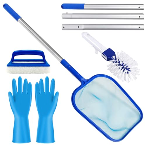 Herfair Pool Reinigungsset 4 Stück, Poolkescher mit Teleskopstange, Poolbürste, Putzschwamm, Gummihandschuhe, Pool Zubehör Reinigung für Schwimmbad, Aquarium von Herfair