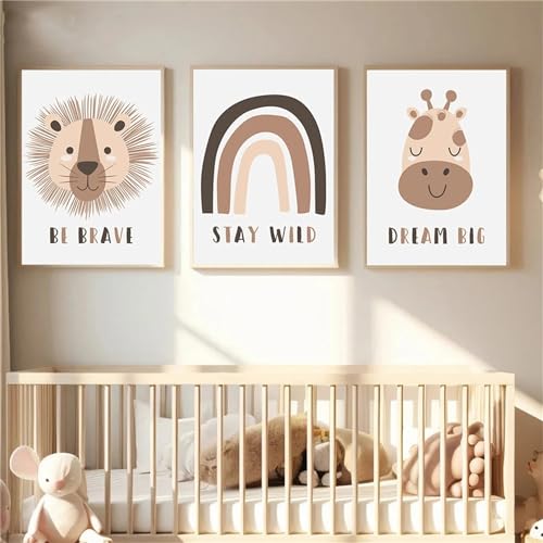 Herfair Poster Kinderzimmer Bilder Regenbogen Deko 3er Set Tiere Bilder, Babyzimmer Deko, Tierbilder Wandposter für Junge Mädchen Babyzimmer Kinderbilder (30x40cm) von Herfair