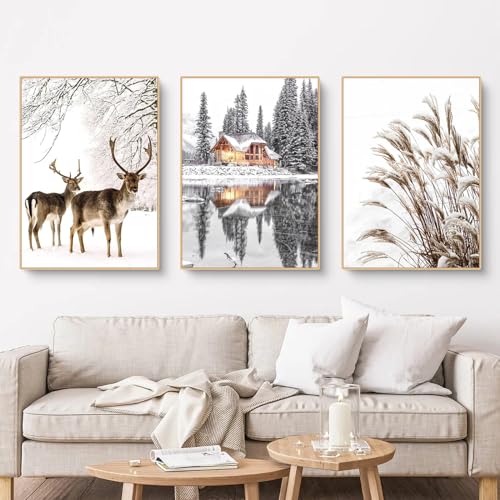 Herfair Poster Winter Bilder Wohnzimmer 3er Set Winterlandschaft Wandbilder Kunstdrucke Leinwand Bilder Ohne Rahmen Wanddeko Poster Set (30 x 40 cm) von Herfair