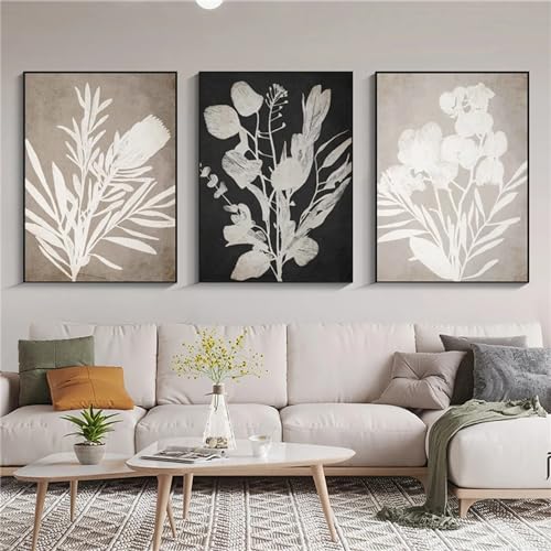 Herfair Poster Wohnzimmer, 3er Set Abstrakt Blume Kunstposter, Schwarz und Weiß Leinwandbilder Wandbilder Deko für Wohnzimmer Schlafzimmer, Ohne Rahmen (30x40cm) von Herfair