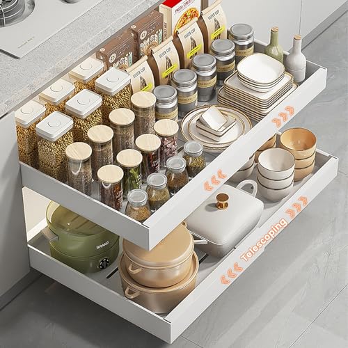 Herfair Teleskopschublade, Verstellbare Breite Ausziehbarer Schrank-Organizer, Pull Out Cabinet Organizer, Auszug Küchenschrank Küche Organizer Schrank, Weiß (2 Stück (Klein:32-48cm)) von Herfair