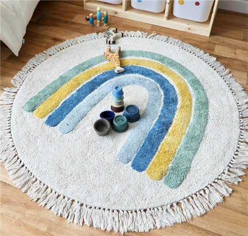 Herfair Teppich Rund, Regenbogen Kinderteppich Mädchen Weiche Boho Kinderzimmerteppich Babymatte rutschfest für Schlafzimmer Kinderzimmer (Blau,100cm) von Herfair