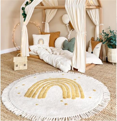 Herfair Teppich Rund, Regenbogen Kinderteppich Mädchen Weiche Boho Kinderzimmerteppich Babymatte rutschfest für Schlafzimmer Kinderzimmer (Gelb,100cm) von Herfair