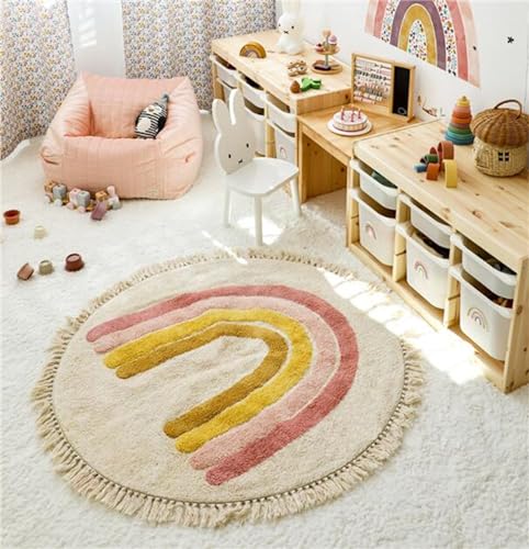 Herfair Teppich Rund, Regenbogen Kinderteppich Mädchen Weiche Boho Kinderzimmerteppich Babymatte rutschfest für Schlafzimmer Kinderzimmer (Rosa,100cm) von Herfair