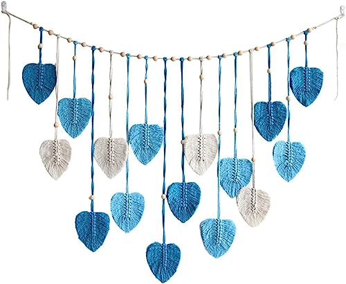 Herfair Wandbehang Handgemacht Wohnungs Dekorationen, Makramee Wandbehang Gross Wandteppich Gewebte Wandbehang, Wandteppich Boho Blau Blatt Feder Wanddeko von Herfair