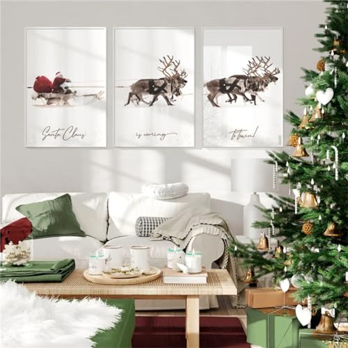 Herfair Winter Poster 3er Set Weihnachtsmann Elch Wandbilder Wohnzimmer Deko Kunstdruck Bilder Leinwand Ohne Rahmen Weihnachten Thema Wanddeko Poster (21 x 30 cm) von Herfair