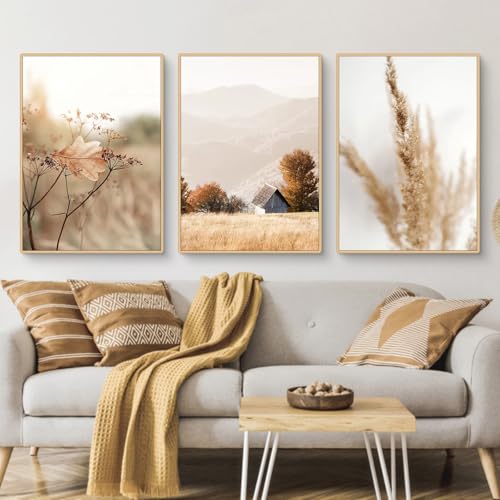 Moderne Poster Set 3er Herbst Natur Aesthetic Bilder Leinwand Wandbilder Wohnzimmer Schlafzimmer Deko Ohne Rahmen Kunstdruck Bild Beige (30x40cm,B) von Herfair