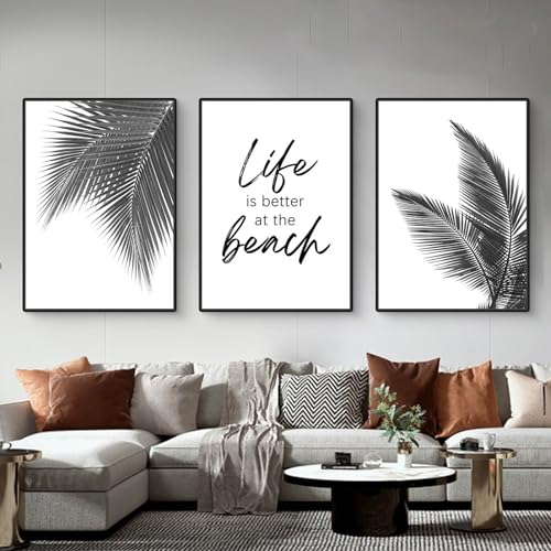 Poster 3er Set, Schwarz Weiß Bilder Pflanzen, Moderne Palmwedel Blätter Leinwandbilder, Moderne Wandbilder für Wohnzimmer Schlafzimmer Deko,Ohne Rahmen (30x40cm) von Herfair