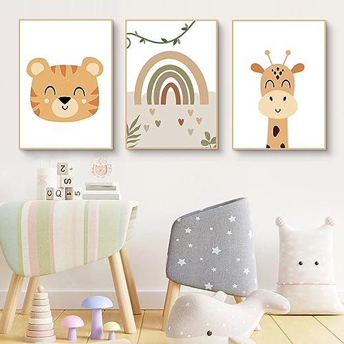 Poster 3er Set, Regenbogen Cartoon-Tiere Bilder Kinderzimmer, Wandbilder Deko für Mädchen und Jungen, Ohne Rahmen (30x40cm) von Herfair