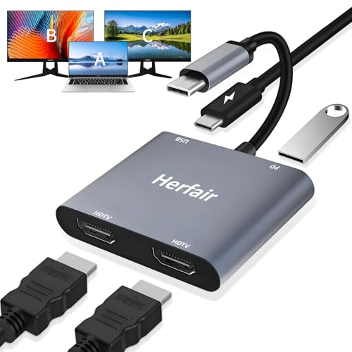 USB C auf Dual HDMI Adapter, 4 in 1 HDMI Splitter für 2 Monitore 4K@60Hz, USB 2.0, PD 100W, Typ C auf Dual Monitore Adapter Multiport Kabel, USB C Hub 4K@60Hz für MacBook Pro/Air/iPad/Surface/Dell USB C auf Dual HDMI Adapter, 4 in 1 HDMI Splitter für 2 Monitore 4K@60Hz, USB 2.0, PD 100W, Typ C auf Dual Monitore Adapter Multiport Kabel, USB C Hub 4K@60Hz für MacBook Pro/Air/iPad/Surface/Dell von Herfair