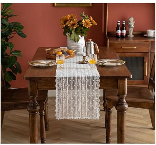 Weiß mit Spitze Tischdecke,Vintage Tischläufer,Rechteckige Häkelspitze Tischläufer für Hochzeit, Fest Dekor Tisch Dekor (Flache Ecke,30X250CM) von Herfair