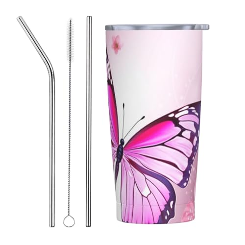 Trinkbecher mit Deckel, 590 ml, rosa Schmetterling, isolierter Becher, Edelstahl, doppelwandig, isoliert, Reise-Kaffeebecher, wiederverwendbar, Autobecher für heiße und kalte Getränke von HerfsT