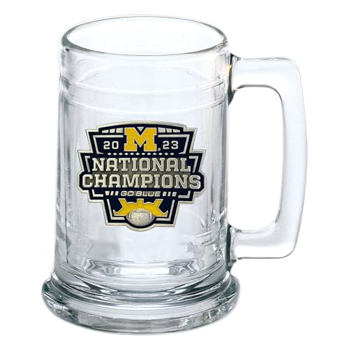 Heritage Pewter Michigan Wolverines 2023 CFP National Champions Bierkrug Glas, 425 ml, deutsches Bierglas, aufwendig gearbeitetes Alma Mater Inlay aus Metall von Heritage