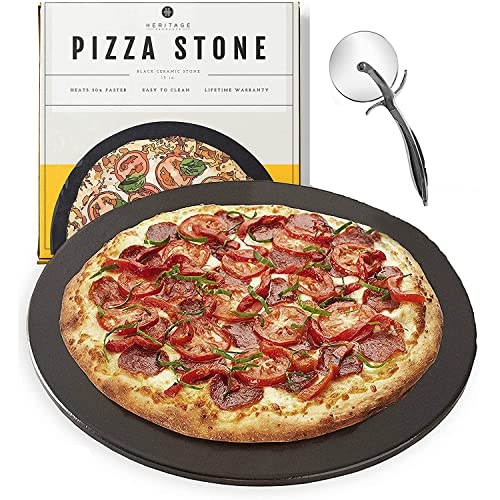 Heritage Pizzastein, Keramik, 38,1 cm, professionelles Zubehör, keine Flecken, inklusive Pizzaschneider, Schwarz von Heritage