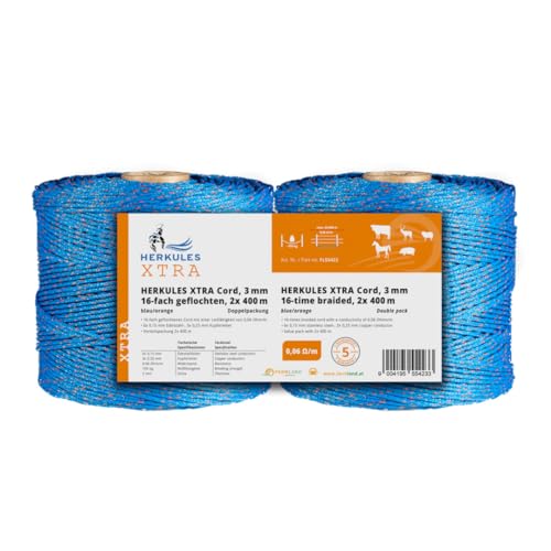Farmland Herkules XTra Power Weidezauncord - 2x400 Meter Weidezaun Cord mit 0,06 Ohm/Meter Widerstand - Robustes Weideband mit Niro und Aluleitern - 3 mm breites Weidezaun Band für alle Tierarten von Herkules