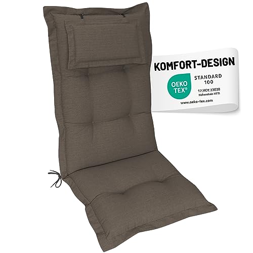 Herlag Hochlehner-Gartenstuhlauflage AVA 123x50x9cm | Extra Dicke Sitzauflage 9 cm mit Kopfpolster | Polsterauflage mit Deluxe-Komfort | Öko Tex 100 | 1 Polster | Taupe von Herlag