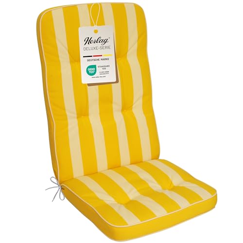 Herlag Hochlehner-Polsterauflage Tilly 123x50x7cm | Stuhlauflage Blockstreifen 7cm | Auflage Hochlehner-Gartenstuhl | Deluxe-Serie extra hoher Komfort | Öko Tex 100 | Gelb-Gestreift von Herlag