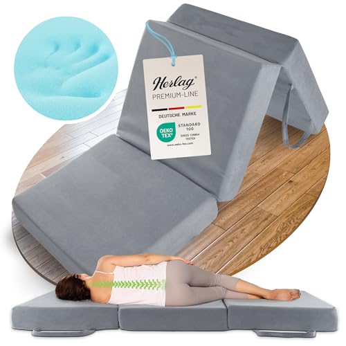 Herlag Orthopädische Klappmatratze 195x75x14cm | Extra Dickes Gästebett 14 cm hoch | Faltmatratze Härtegrad H3 Deluxe-Komfort Visco-Schaum | Faltbare Gästematratze 3-teilig | Bezug waschbar | Grau von Herlag