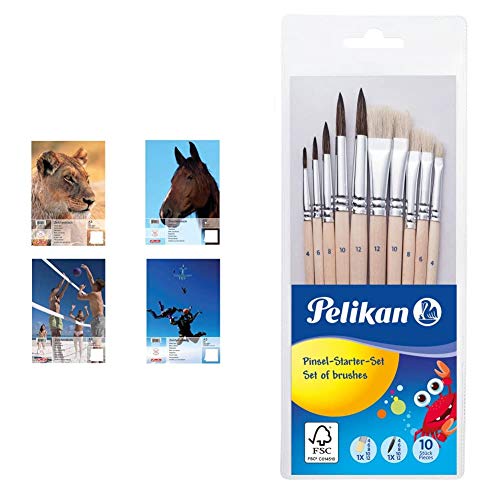 Herlitz 10416634 Zeichenblock A3 mit 25 Blatt, 5er Packung mit 4 sortierten Motiven (Keine Motivauswahl möglich!) & Pelikan 700405 Pinsel Starter-Set mit 5 Haar- und 5 Borstenpinseln von Herlitz