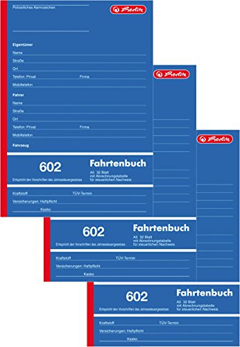 Herlitz 840637 Fahrtenbuch 602, A5 hoch, 32 Blatt (3 Stück) von Herlitz