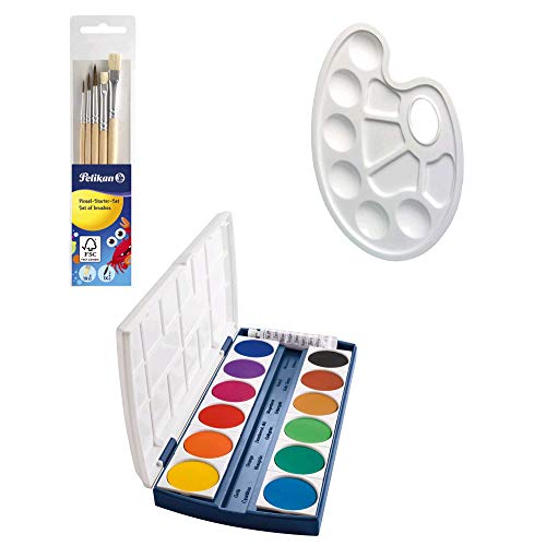 Herlitz Mischpalette mit Griffloch, Kunststoff, 23.5 x 17 cm, weiß + Pinsel Starterset + 12er Deckfarbkasten von Herlitz