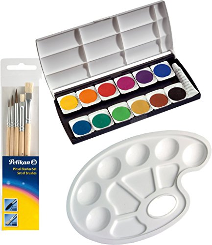 Herlitz Mischpalette mit Griffloch, Kunststoff, 23.5 x 17 cm, weiß + Pinsel Starterset + 12er Deckfarbkasten von Herlitz