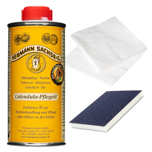 Hermann Sachse Holzpflegeöl für Schneidebretter 250ml – Lebensmittelgeeignetes Pflegeöl für Küchenhelfer aus Holz – Inkl. Universaltuch & Schleifmatte – Made in Germany von Hermann Sachse