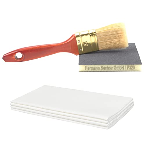 Zubehör-Set aus Schleifmatte K 320 für Holz mit Pinsel aus Chinaborste und 5 Tüchern für die Verarbeitung von Holzöl von Hermann Sachse