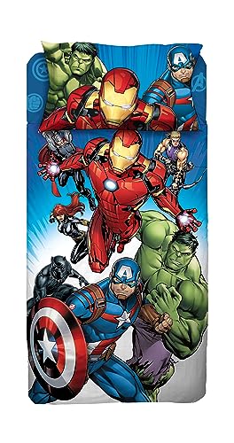 Avengers, Bettlaken für Einzelbett, Spannbettlaken, Kissenbezug, Blau, Marvel, Disney, 100% Baumwolle, offizielles Produkt von hermet