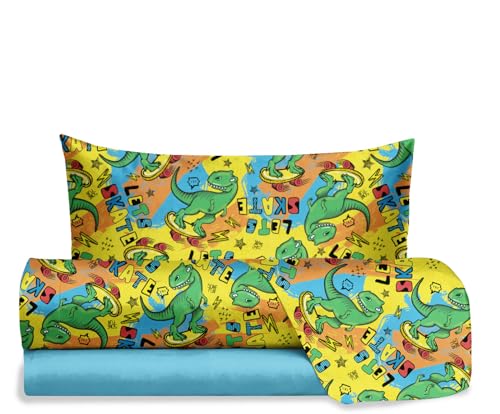 Hermet Jolly Bettwäsche-Set für Einzelbett, Dinosaurier, 100% Baumwolle, Bettlaken + Spannbetttuch + Kissenbezug, Bettwäsche-Set für Kinderzimmer von hermet