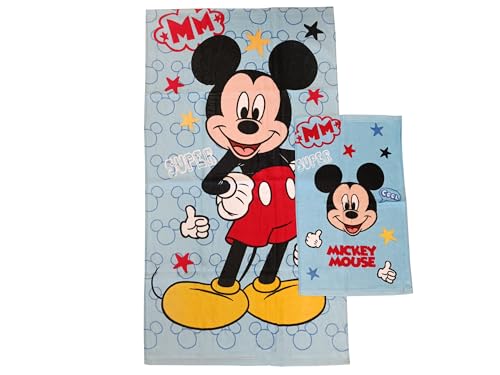 Mickey Mouse Disney Badetücher aus Frottee, Set mit 2 Handtüchern, Gesichtstuch, Bidethandtuch, Hellblau, Baumwolle, 100%, Set 2 Stück, offizielles Produkt von hermet