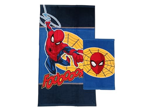 Spiderman Marvel, Badetücher aus Frottee, Set mit 2 Handtüchern, Gesichtstuch, Bidet-Handtuch, Blau, Baumwolle, 100%, Set 2 Stück, offizielles Produkt von hermet