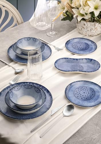 27-Piece Blue Dinner Set, 100% Porcelain | Includes Service Plates, Bowls, Dessert Plates & Boat Plates | Dishwasher & Microwave Safe | Elegant Dining Experience von Hermia Concept