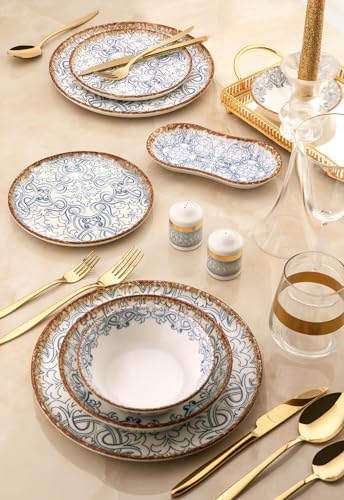 27-Piece Dinner Set, 100% Porcelain, Blue/Brown/White | Includes Service Plates, Bowls, Dessert Plates | Dishwasher & Microwave Safe | Elegant Dining Experience von Hermia Concept