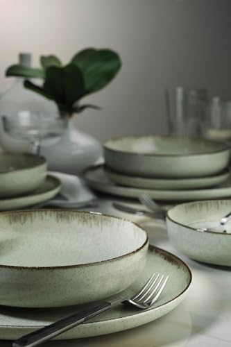 Elegant 12-Piece Dinner Set, 100% Porcelain, Green | Includes 4 Service Plates (24 cm), 4 Plates (20 cm), 4 Bowls (15 cm) | Microwave & Dishwasher Safe von Hermia Concept