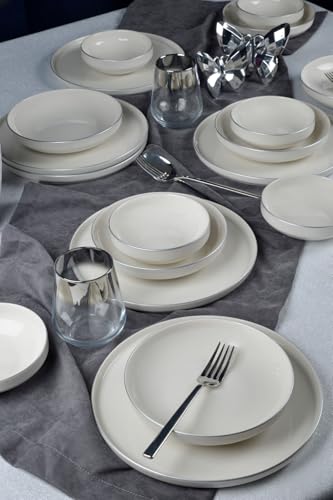 Elegant 18-Piece Dinner Set, 100% Porcelain, White & Silver | Includes 6 Service Plates (26 cm), 6 Plates (19 cm), 6 Bowls (13 cm) | Microwave & Dishwasher Safe von Hermia Concept