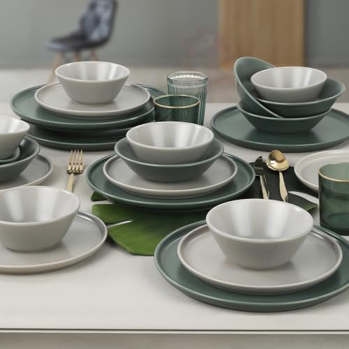 Elegant 24-Piece Ceramic Dinner Set, Green & White | 100% Stoneware, Antibacterial, Microwave & Dishwasher Safe | Easy Clean, Thermal Shock Resistant von Hermia Concept