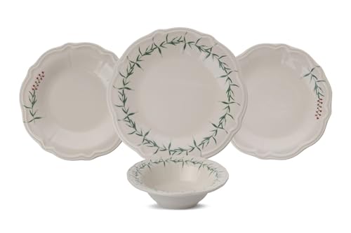 Elegant 24-Piece Dinner Set, 100% Porcelain, Microwave & Dishwasher Safe | Includes Service Plates, Bowls & Dessert Plates | Green, Dark Pink & White Design Elegant 24-Piece Dinner Set, 100% Porcelain, Microwave & Dishwasher Safe | Includes Service Plates, Bowls & Dessert Plates | Green, Dark Pink & White Design von Hermia Concept