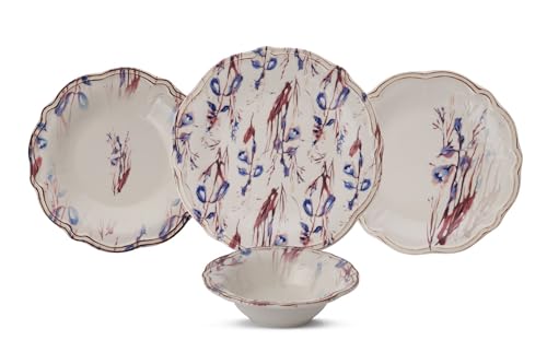 Elegant 24-Piece Dinner Set, 100% Porcelain, Navy Blue & Burgundy | Includes Service Plates, Bowls & Dessert Plates | Microwave & Dishwasher Safe, Blurred Design von Hermia Concept