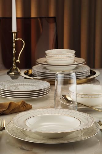 Elegant 24-Piece Dinner Set, 100% Porcelain | Includes 6 Service Plates (27 cm), Deep Plates (21 cm), Dessert Plates (21 cm), & Bowls (15 cm) | Perfect for Stylish Dining! von Hermia Concept