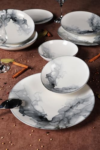 Elegant 24-Piece Dinner Set, 100% Porcelain | Includes Deep Plates, Cake Plates, Service Plates & Bowls | Microwave & Dishwasher Safe | Perfect for Any Occasion von Hermia Concept