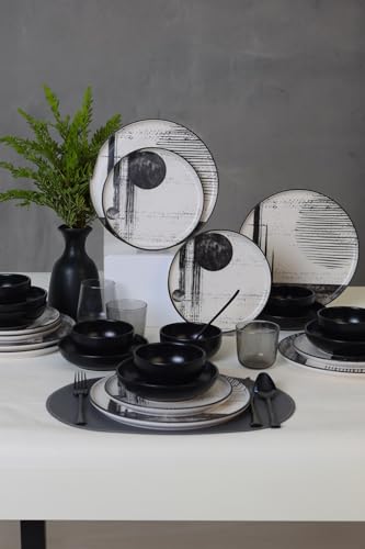 Elegant 24-Piece Dinner Set, Black & White Ceramic Stoneware | Antibacterial, Easy Clean, Thermal Shock Resistant | Dishwasher & Microwave Safe von Hermia Concept
