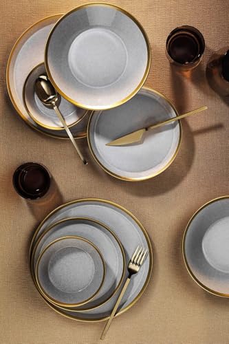 Elegant 8-Piece Dinner Set, 100% Porcelain, Grey & Gold | Includes 2 Service Plates (27 cm), 2 Deep Plates (21 cm), 2 Dessert Plates (21 cm), 2 Bowls (15 cm) | Perfect for Stylish Dining Experiences von Hermia Concept